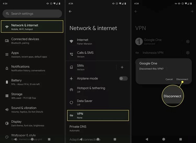 Disabling a VPN from the Settings App
