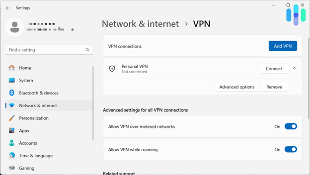 Disabling a VPN from the Settings windows